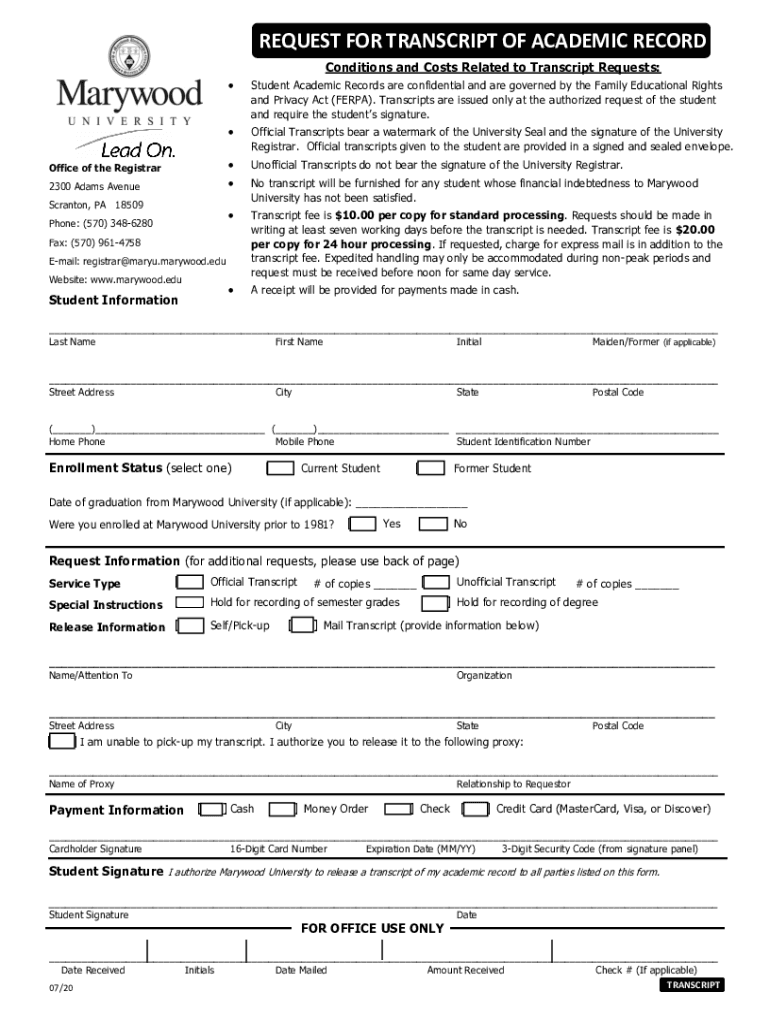 Marywood Transcript Request  Form