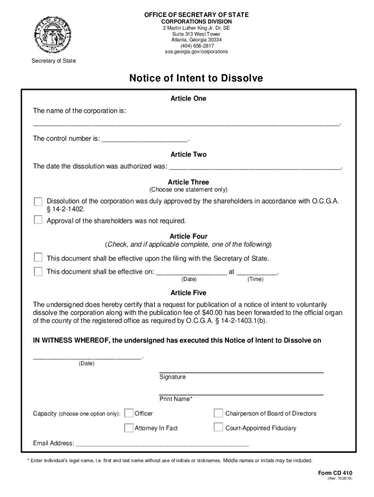 Form CD410 &amp;quot;Notice of Intent to Dissolve&amp;quot; Georgia