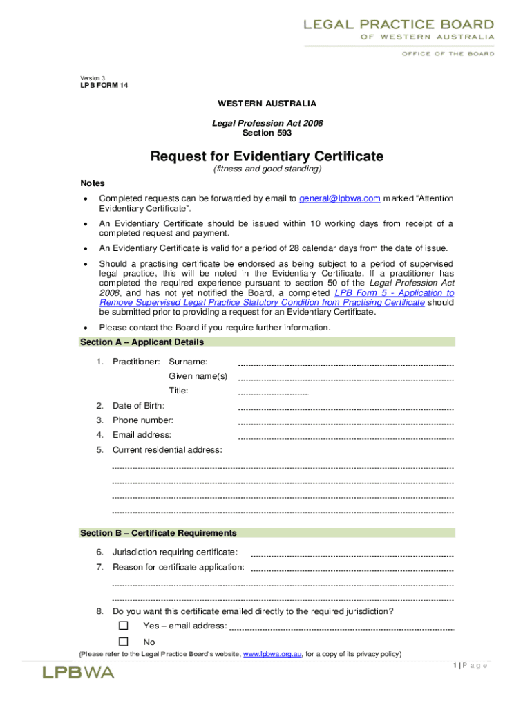 LPB Form 14 Request for Evidentiary Certificate PD