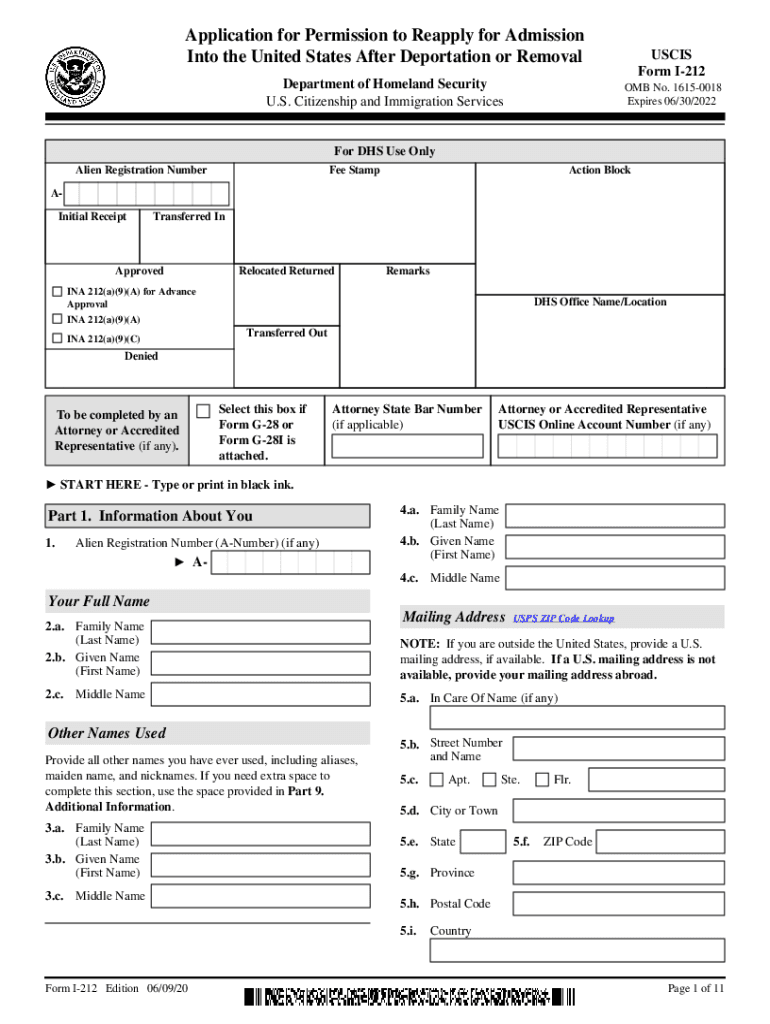  Form I 212 Application for Permission to Reapply for Admission into 2020-2024