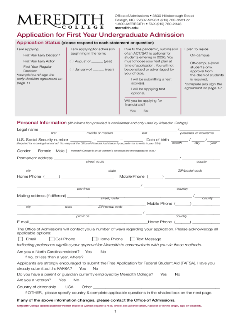 First Year Application Meredith College  Form