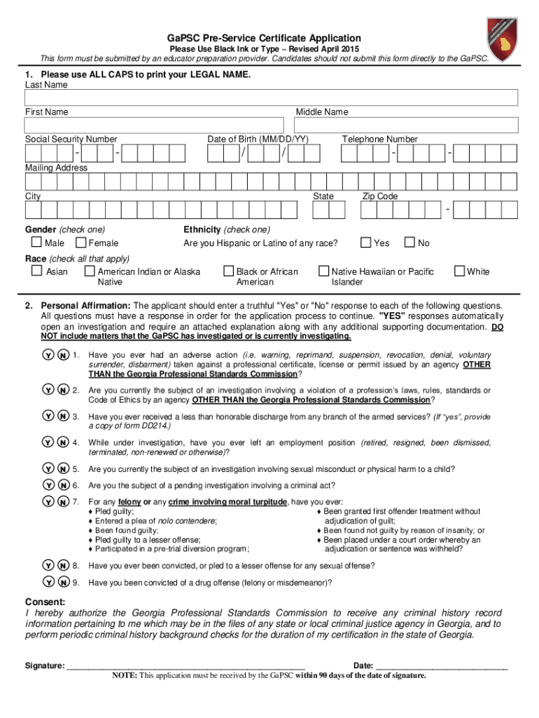  Www Fill IoGaPSC Pre Service CertificateFillable GaPSC Pre Service Certificate Application 1 Please 2015-2024