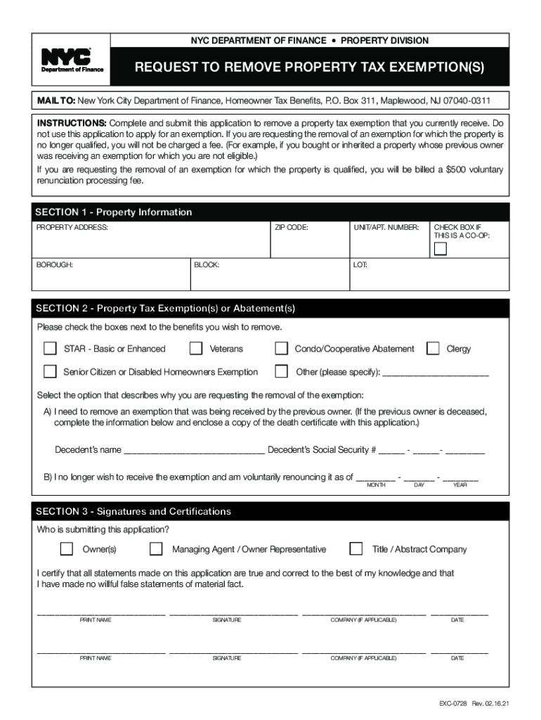 REQUEST to REMOVE PROPERTY TAX EXEMPTIONS New York City  Form
