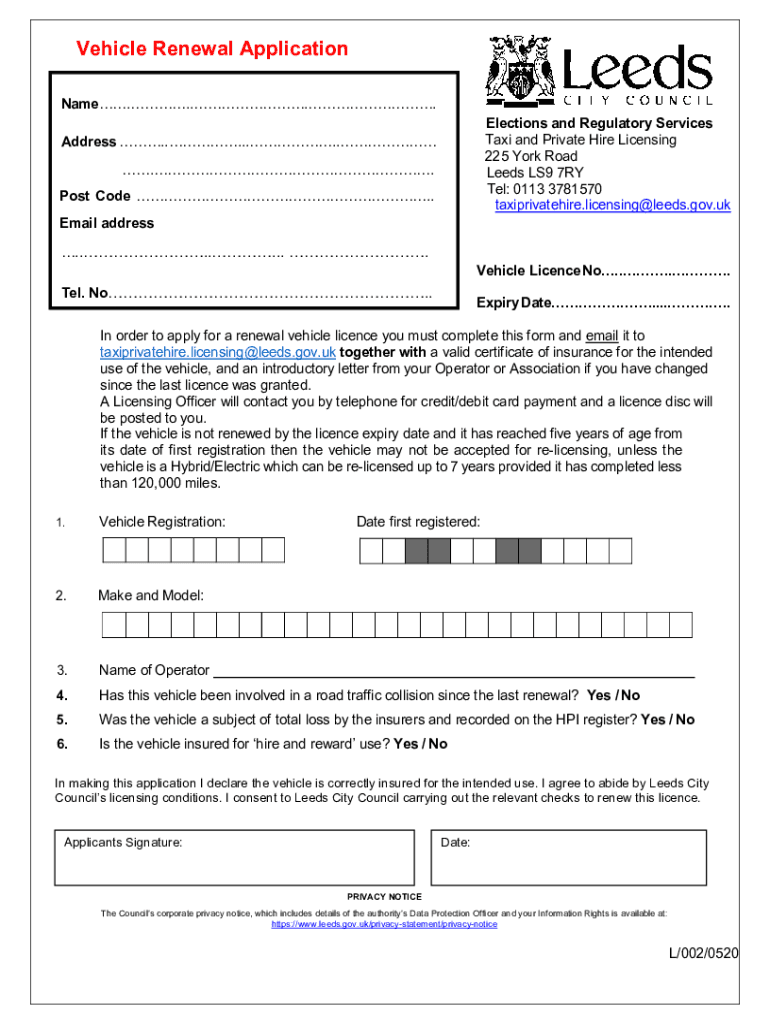 Vehicle Age Extension Application Leeds  Form