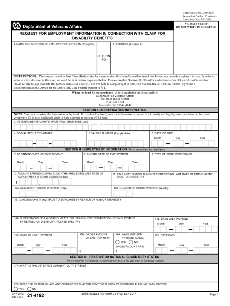  VA Form 21 4192 REQUEST for EMPLOYMENT INFORMATION in CONNECTION with CLAIM for DISABILITY BENEFITS 2021-2024