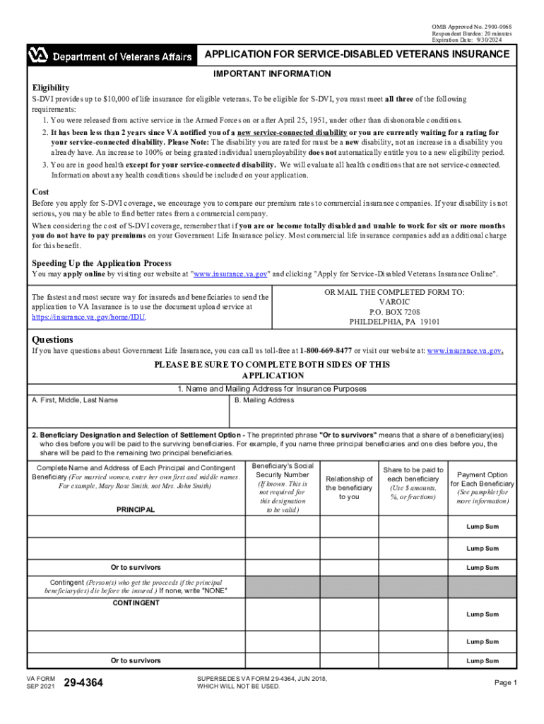  VA Form 29 4364 APPLICATION for SERVICE DISABLED VETERANS INSURANCE 2021-2024