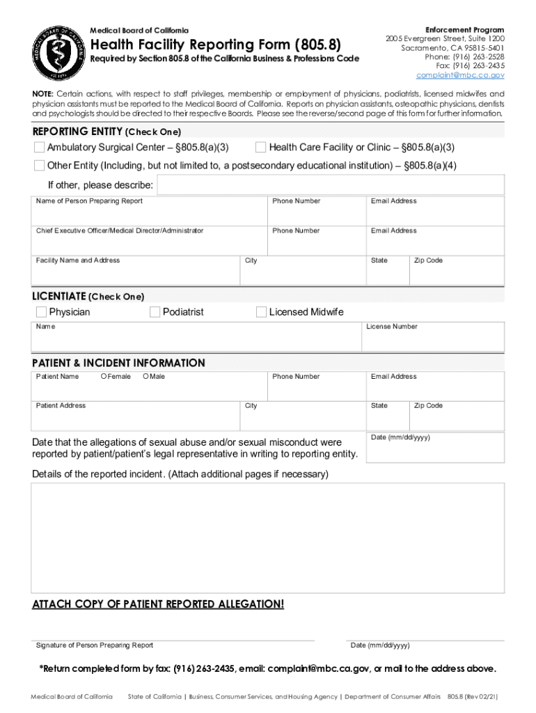 Health Facility Reporting Form 805 8 Medical Board of