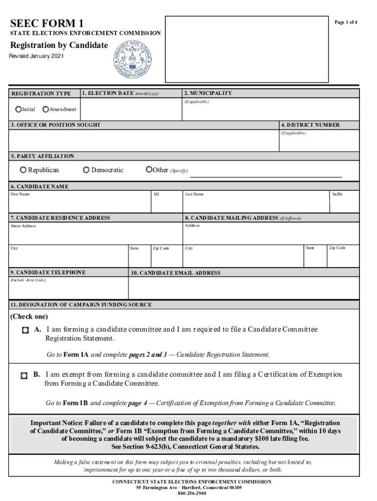 SEEC FORM 1 Connecticut State Elections Enforcement