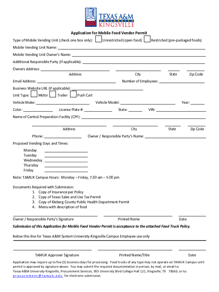 Mobile Food Vendor Permit  Form