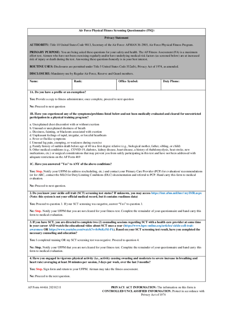 Air Force Fitness Questionnaire  Form