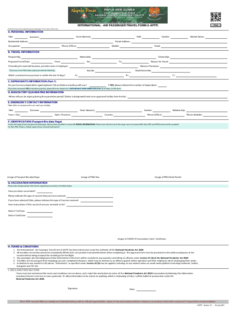 PG Air Niugini International Air Passenger Travel Form I APTF