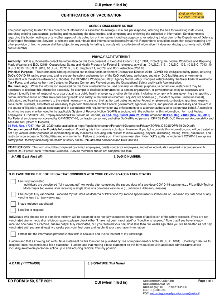  DD Form 3150, &amp;quot;Certification of Vaccination&amp;quot; 2021