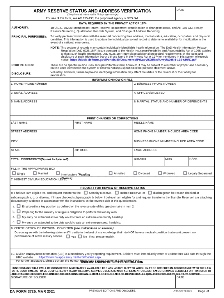 ARMY RESERVE STATUS and ADDRESS VERIFICATION DA Form 3725, MAR