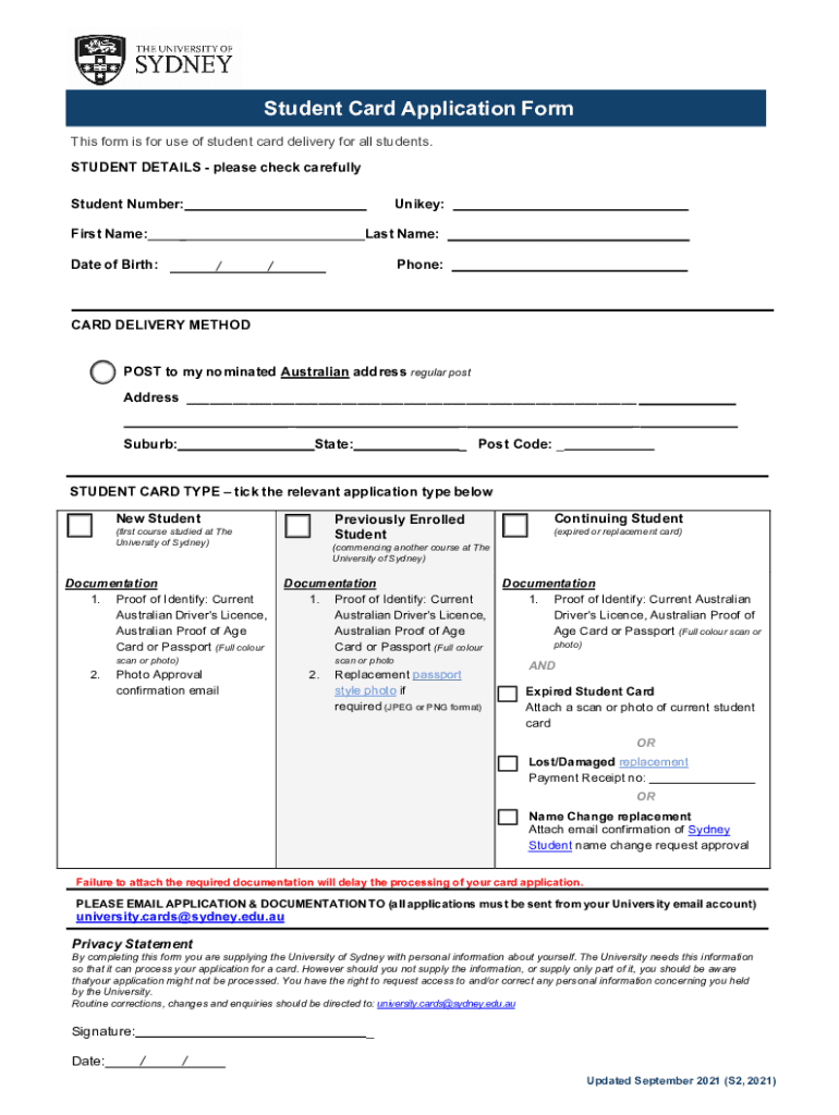 Student Card Application Form the University of Sydney