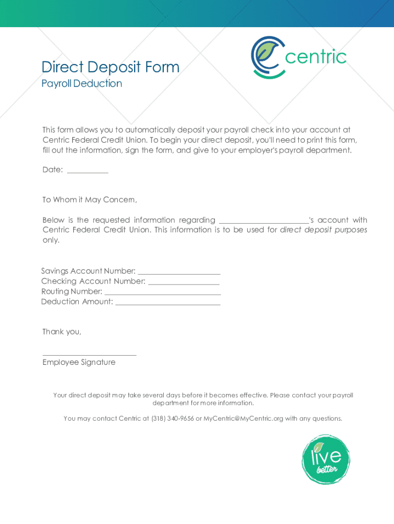 Direct Deposit Form Centric Federal Credit Union
