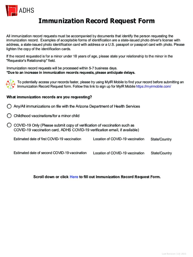  Fill IoImmunization Record Request FormFill Fillable Immunization Record Request Form 2021-2024