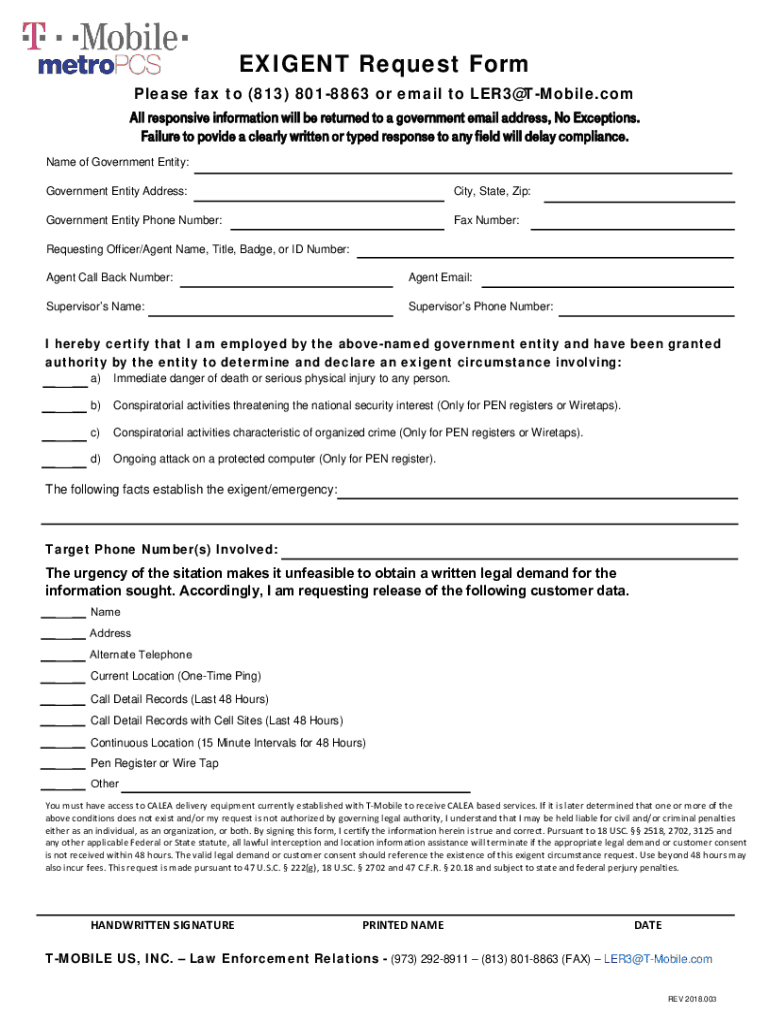 Tmobileexigentform PDF EXIGENT Request Form Please Fax To813 801 8863 or Email to LER3