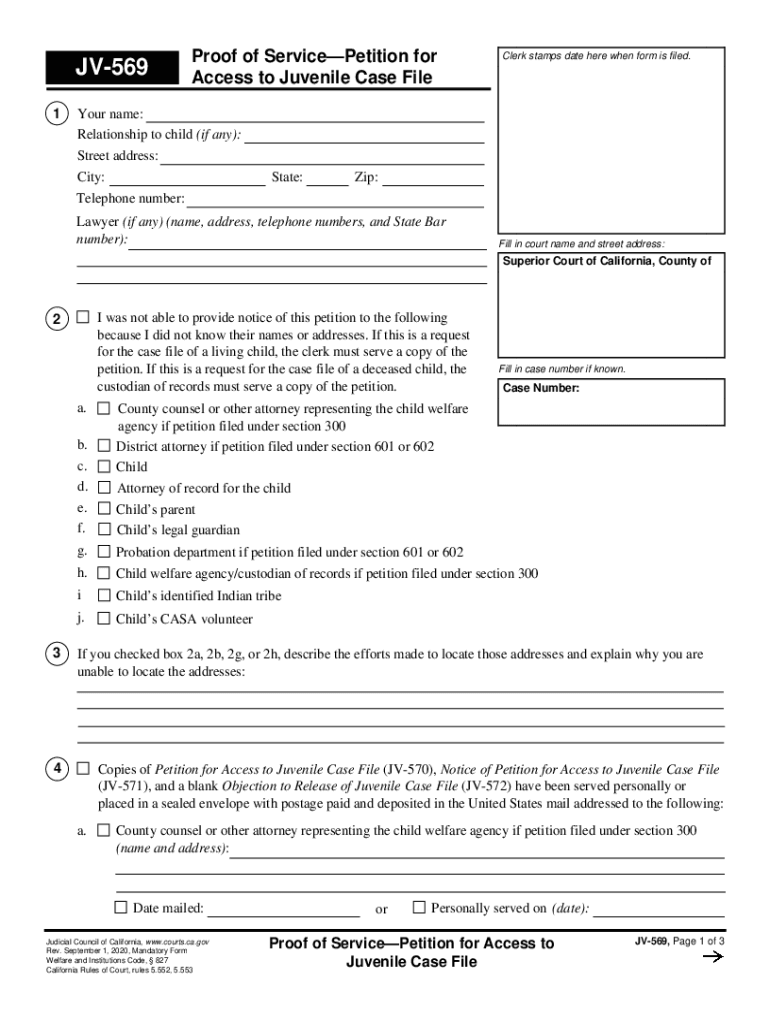  Form JV 569 &amp;quot;Proof of Service Petition for Access to Juvenile Case 2020-2024