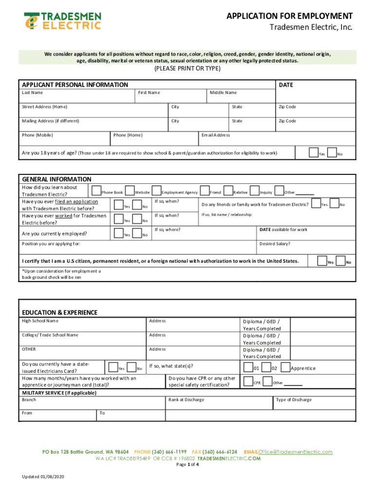 Online Employment Application Ace Electric Co , Inc  Form