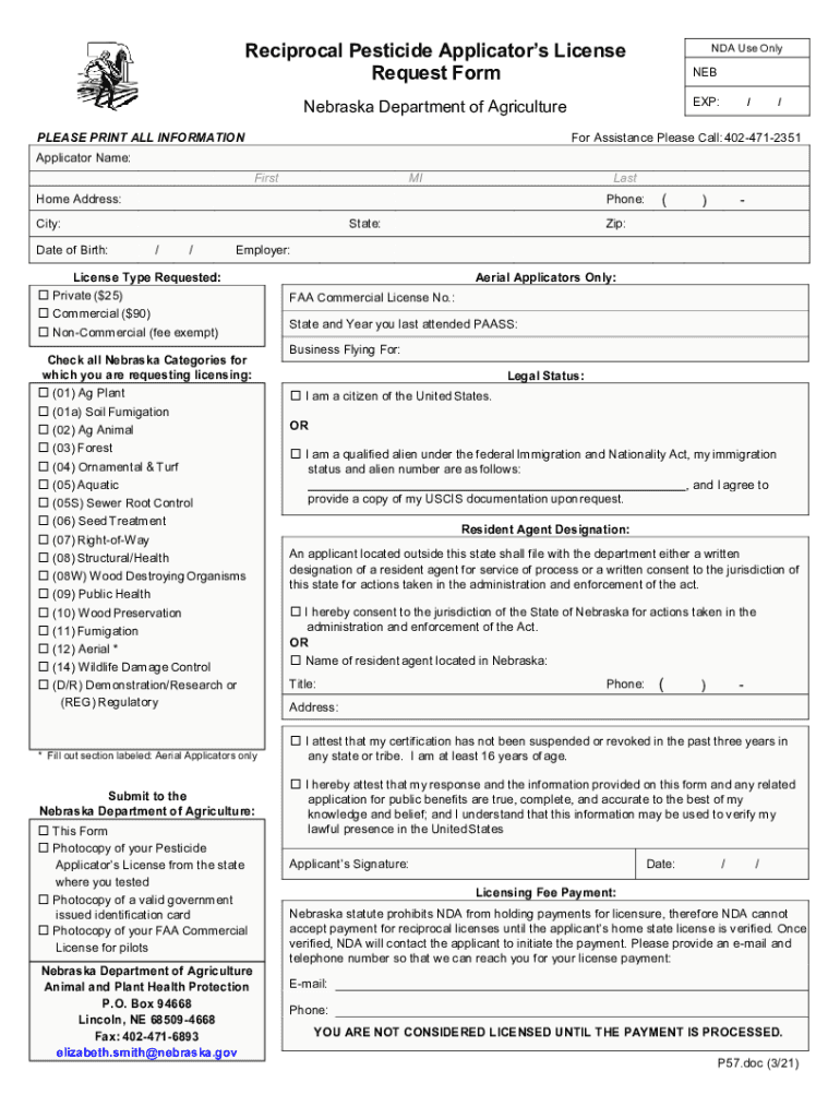  Reciprocal Pesticide Applicator's License Request Form 2021-2024