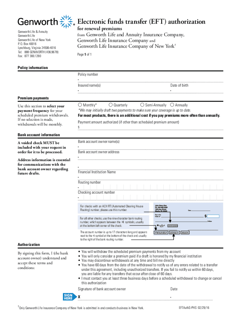 Electronic Funds Transfer EFT AuthorizationGenwo  Form