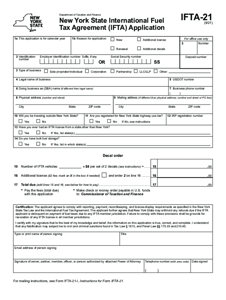  Form IFTA 21 New York State International Fuel Tax Agreement IFTA Application Revised 921 2021-2024
