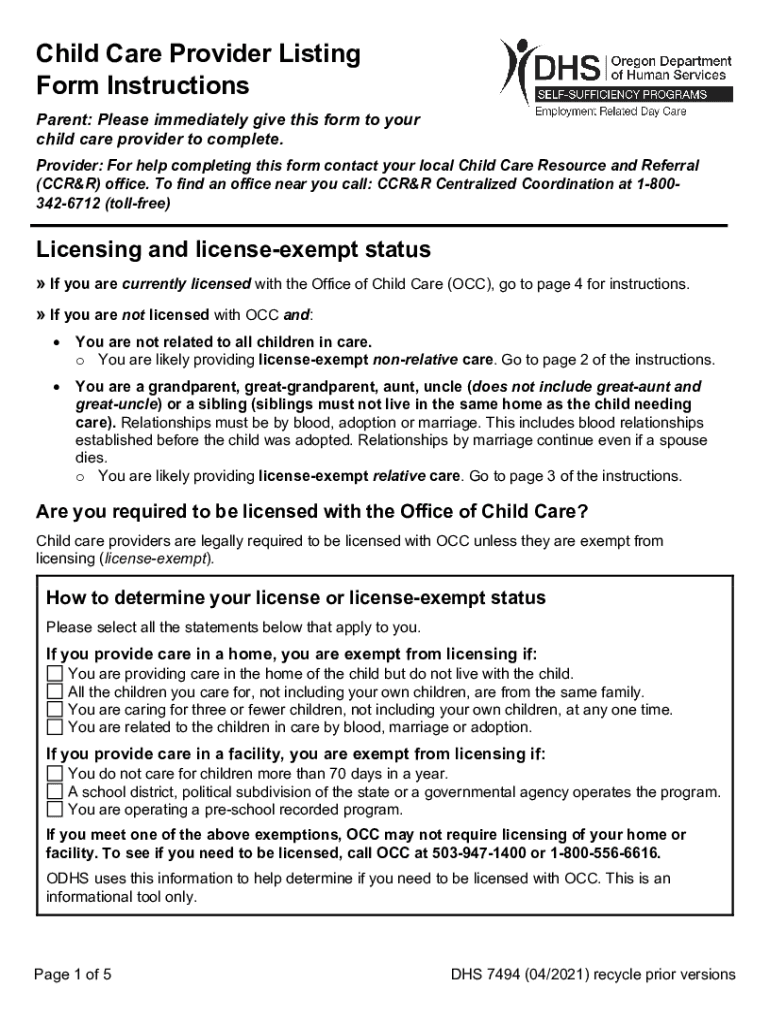  Child Care Provider Listing DHS 7494 Child, Care, Provider, Listing, Form, Dhs, Oregon, Department, Human, Services, Employment, 2021-2024