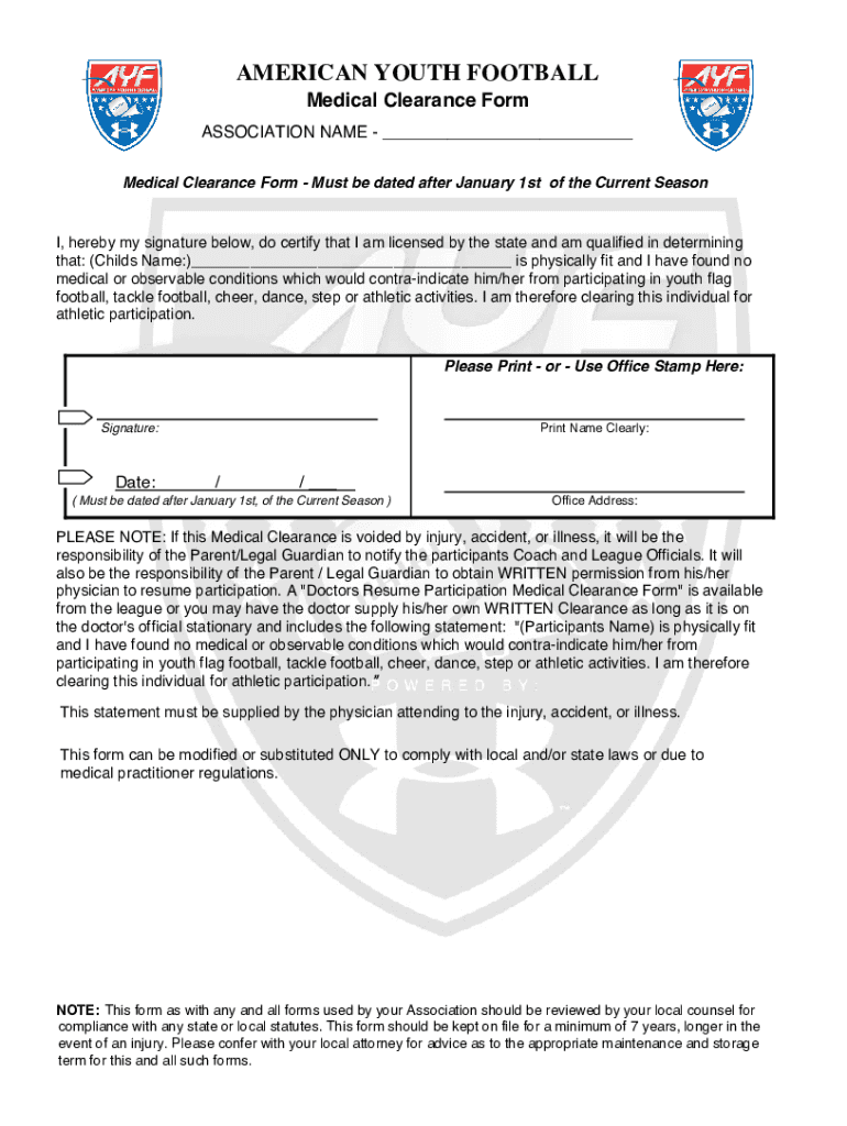  Medical Clearance Form Must Be Dated After January 1st of the Current Season 2021-2024