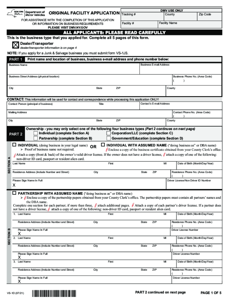 Original Facility Application NY DMV  Form