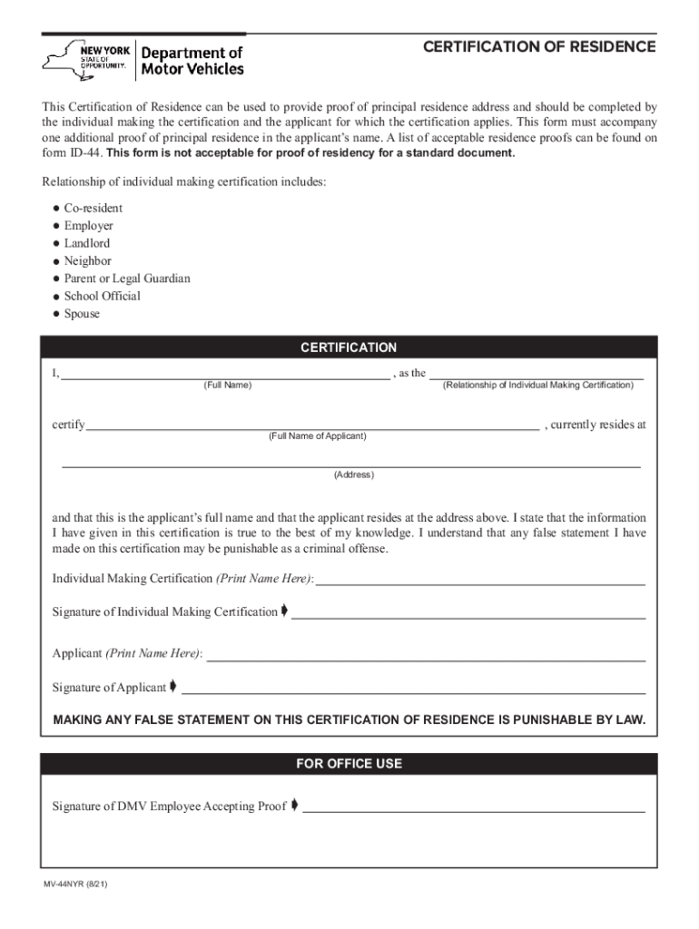  Fillable Form ID 44EDL CERTIFICATION of RESIDENCE New 2021-2024