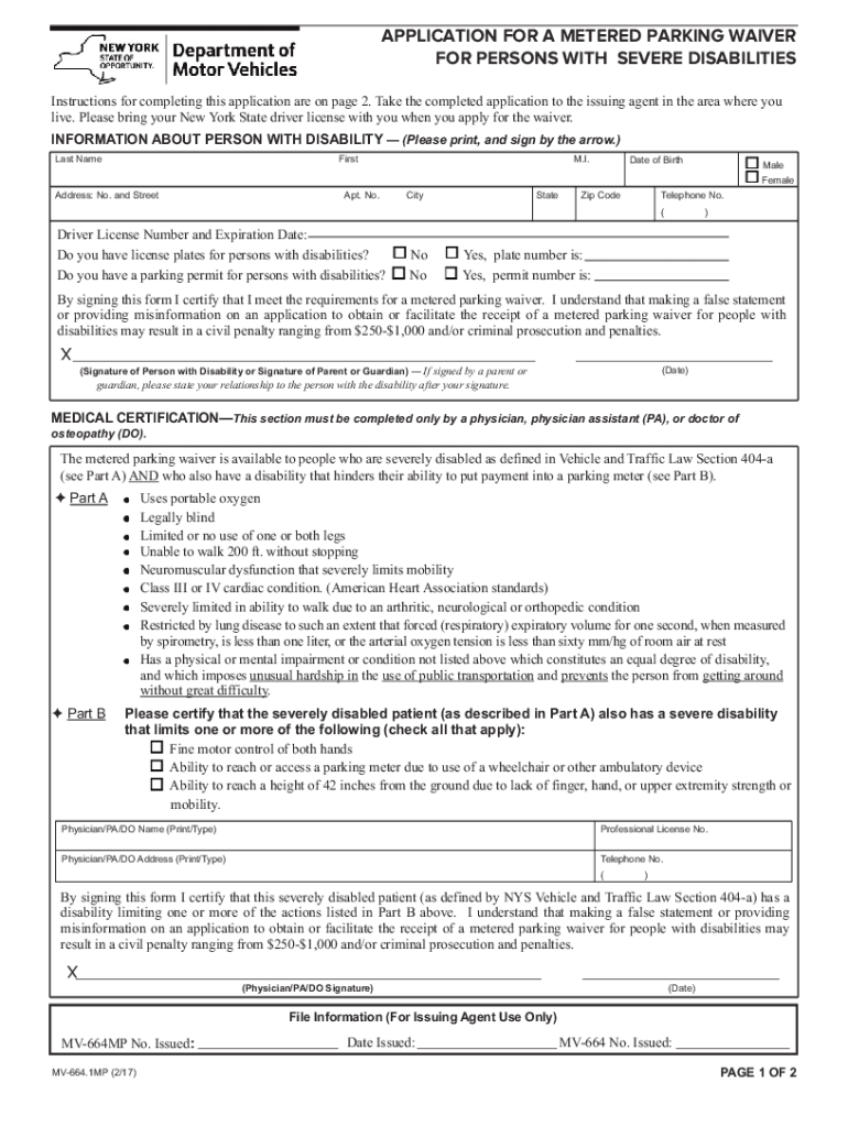  Form MV 664 1MP &amp;quot;Application for a Metered Parking Waiver 2017