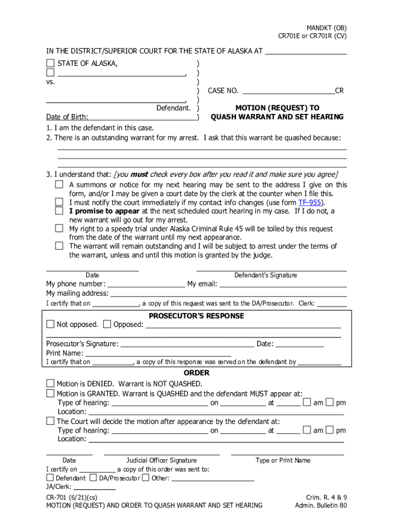 CR 701 Motion Request to Quash Warrant and Set Hearing  Form