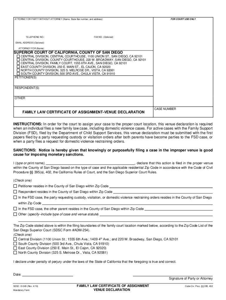  INSTRUCTIONS in Order for the Court to Assign Your Case to the Proper Court Location, This Venue Declaration is Required 2016-2024