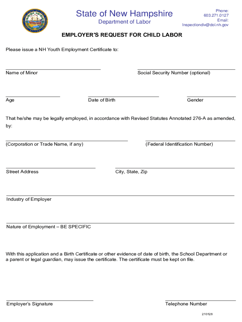 Employer Request Child Labor State of New Hampshire  Form
