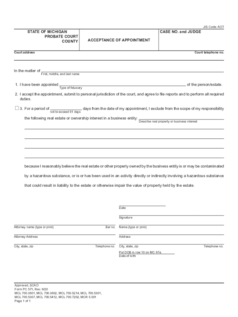 PC 571, Acceptance of Appointment Courts Michigan Gov  Form
