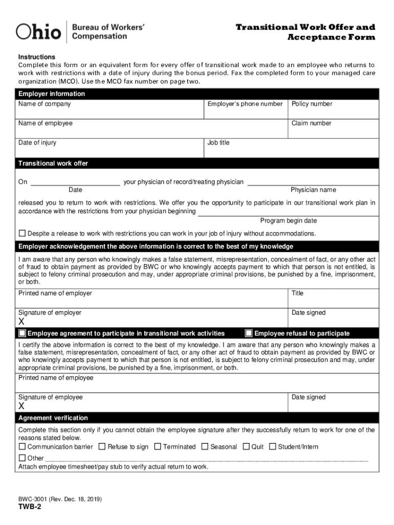 PDF Transitional Work Offer and Acceptance Form Ohio BWC