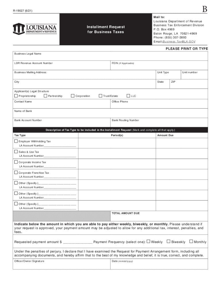  Form R 19027 &amp;quot;Installment Request for Business Taxes 2021