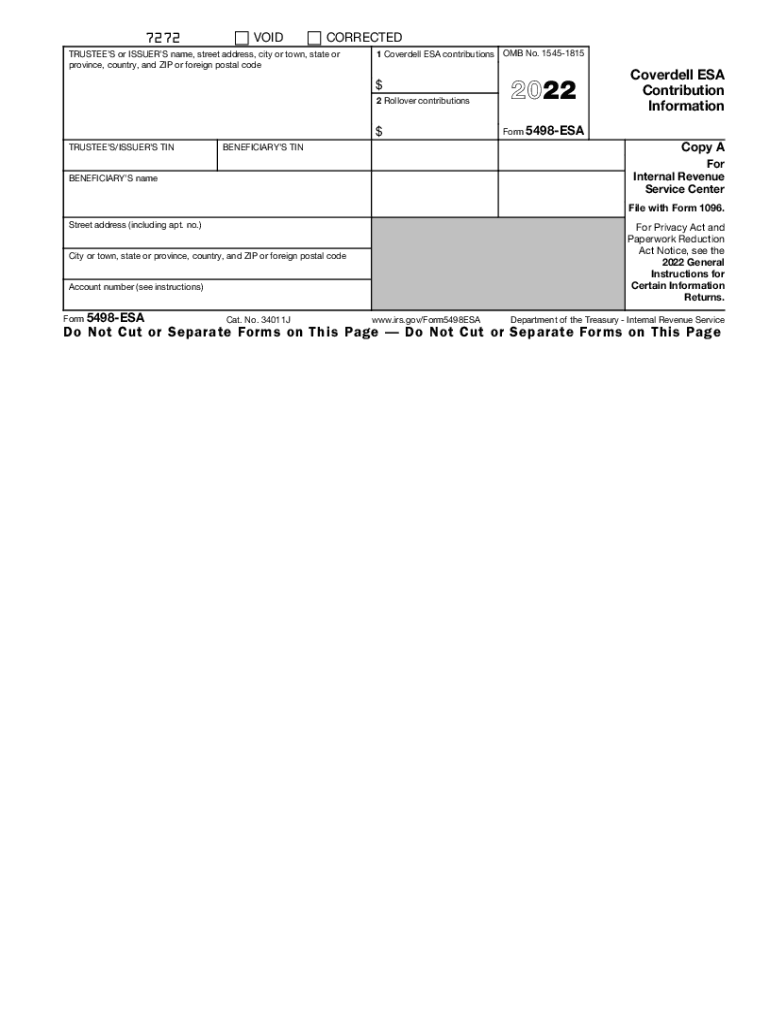  Form 5498 ESA Coverdell ESA Contribution Information 2022