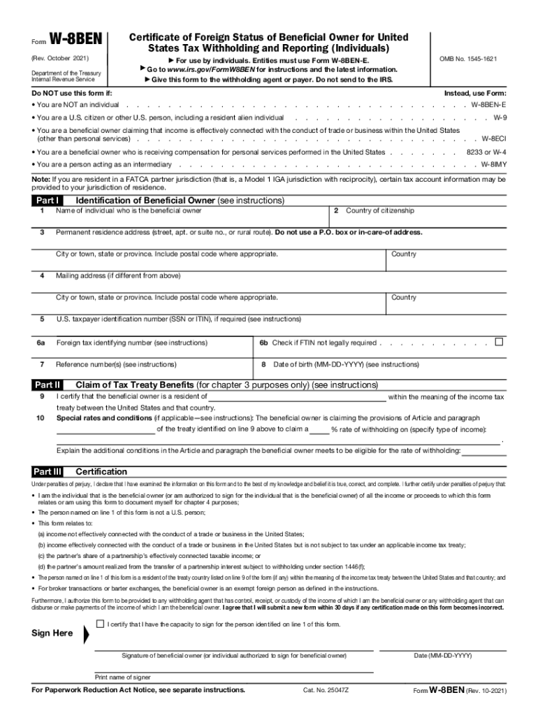  Form W 8 BEN Rev October Certificate of Foreign Status of Beneficial Owner for United States Tax Withholding and Reporting Indiv 2021-2024