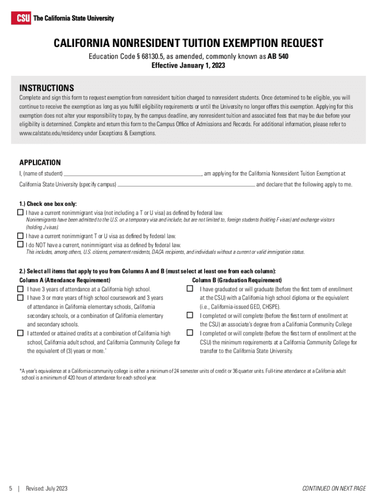 CALIFORNIA STATE UNIVERSITY NONRESIDENT TUITION EX  Form