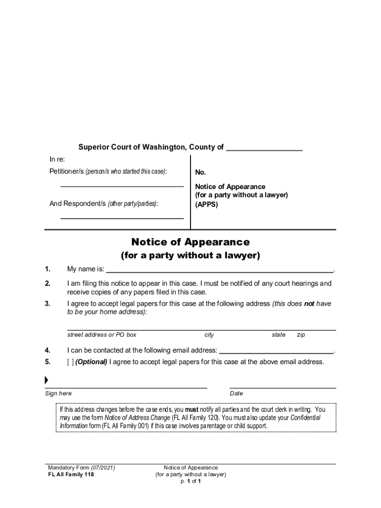 Get and Sign Notice of Appearance Washington State Courts 2021-2022 Form