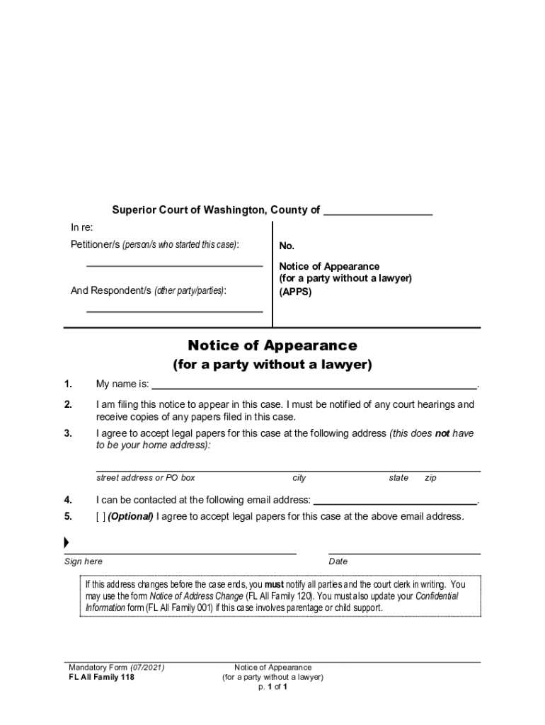  Notice of Appearance Washington State Courts 2021-2024