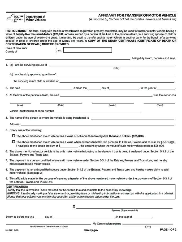 Get and Sign Fillable AFFIDAVIT for TRANSFER of MOTOR VEHICLE New York  Form