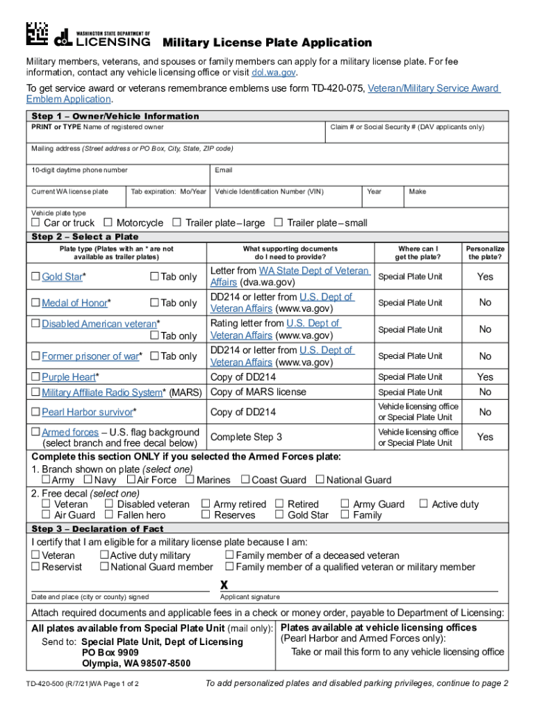 Military License Plate Application Dol Wa Fill Out and  Form