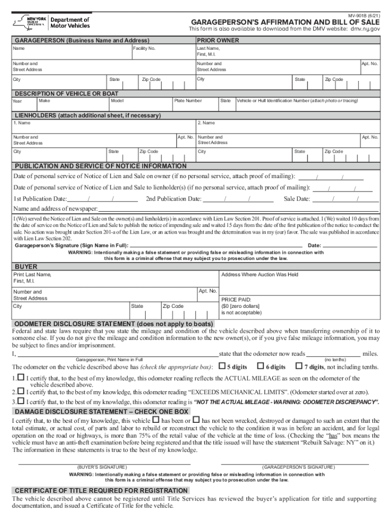 GARAGEPERSONS AFFIRMATION and BILL of SALE  Form