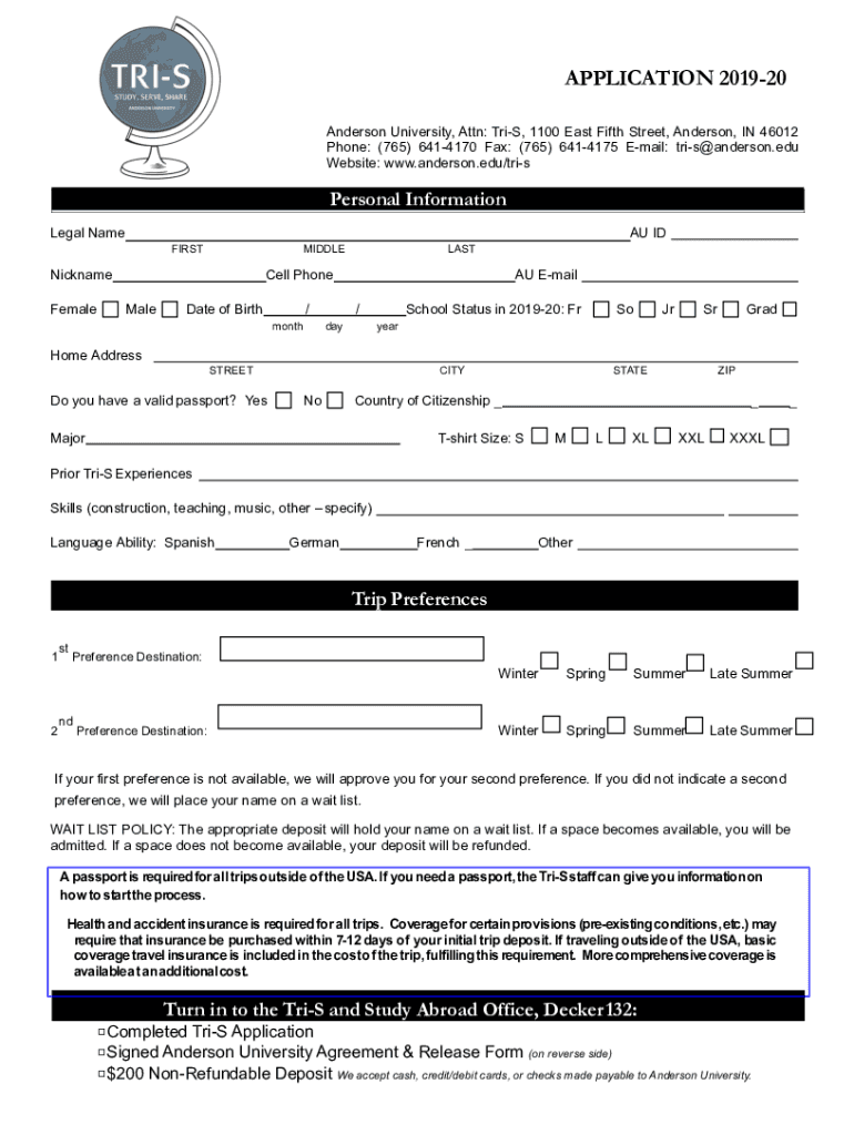 Www pdfFiller Com401003827 Tris ApplicationFillable Online Anderson Tri S APPLICATION 07 Anderson  Form