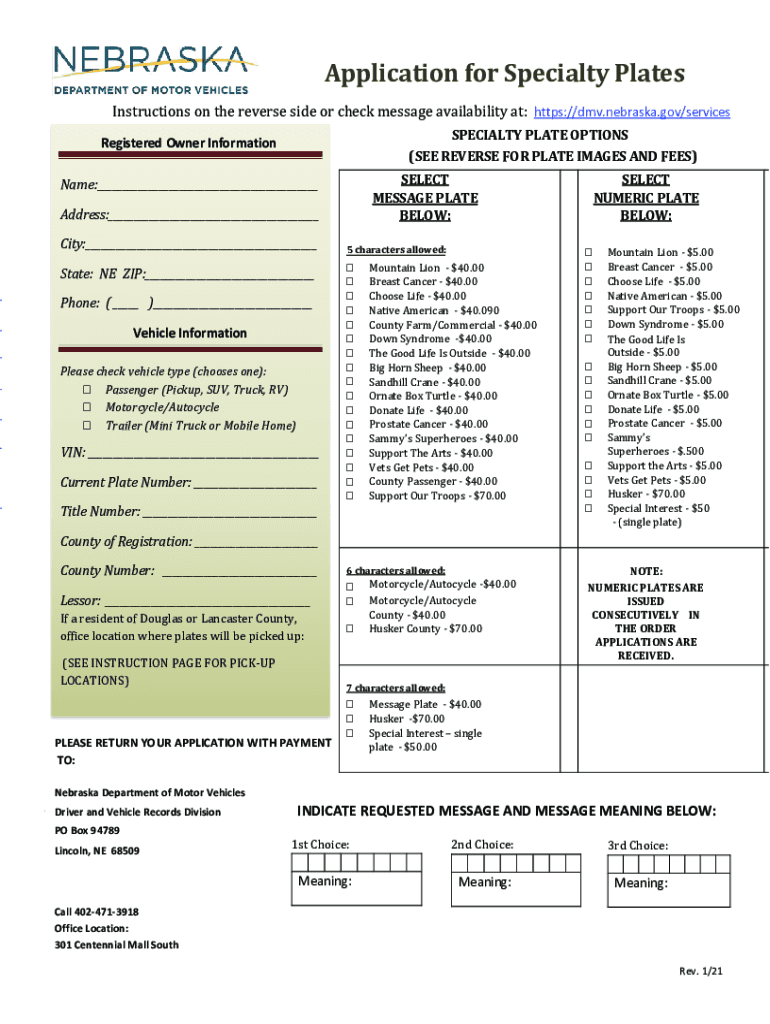  Application for Specialty Plates Nebraska Department of 2021-2024