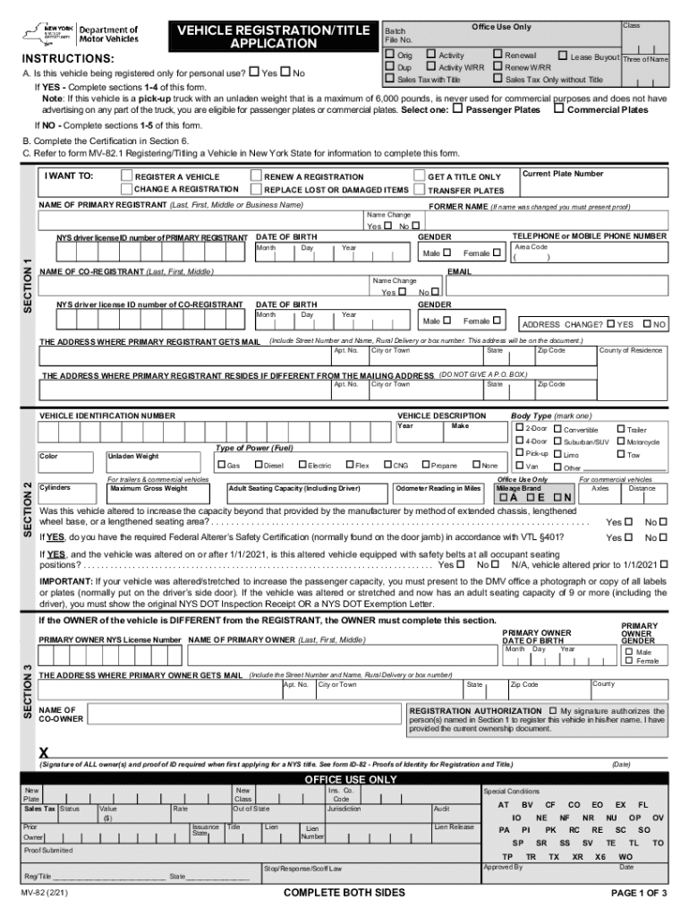 Form MV 82R &amp;quot;Vehicle RegistrationTitle Application&amp;quot; New