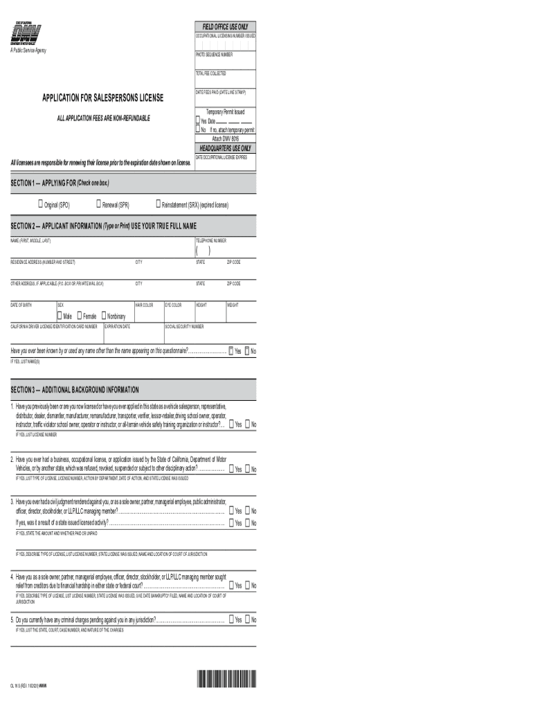  OL 16 S, Application for Salespersons License California DMV 2020-2024