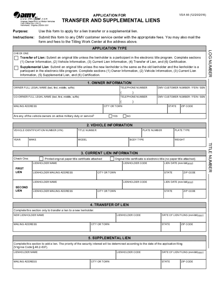  Form Vsa 66 Application for Transfer and Supplemental Liens 2016-2024